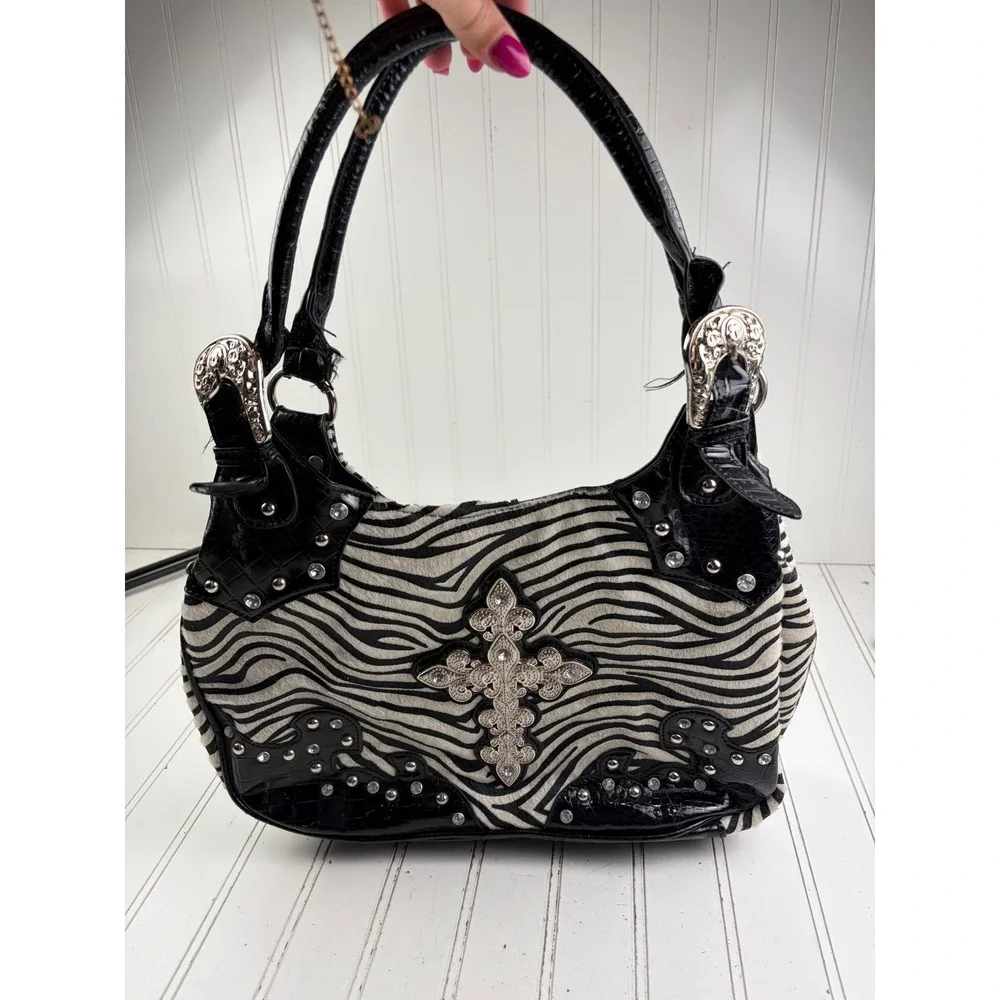 Western Cross Zebra Black Leather Vintage Y2K Studded Rhinestone Shoulder Bag